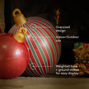 Decorative ornament with red and green stripes, featuring text on its features.